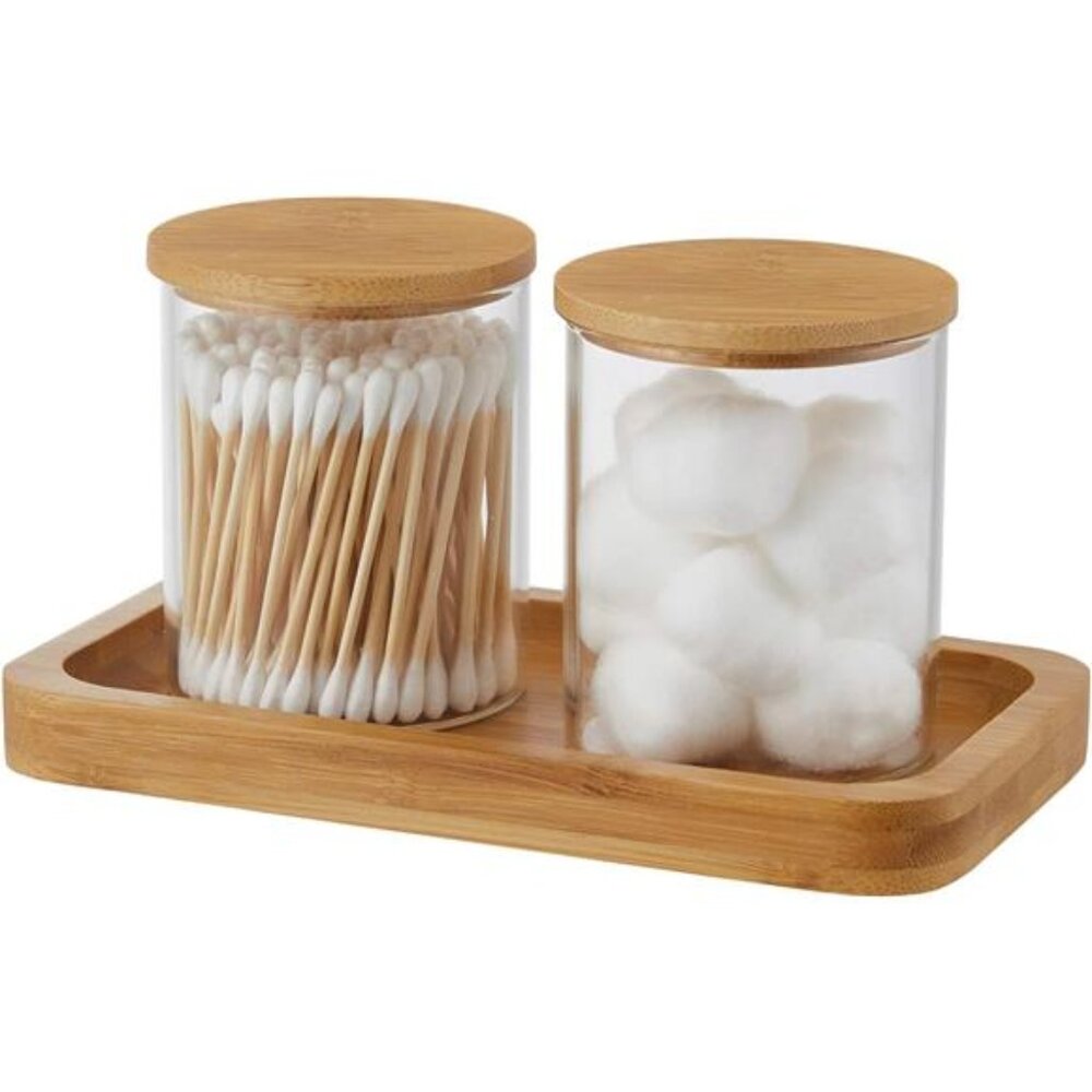 Glass Qtip Holder with Vanity Tray,Apothecary Jars Bathroom Accessories Bathroom